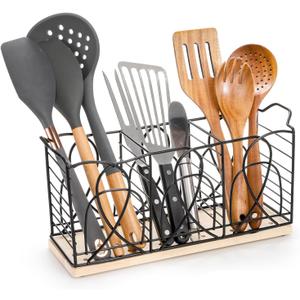 Large Rectangular Utensil Holder, Black Metal Cooking Utensil Organizer with 3 Compartment Wooden Base, Large Spatula Holder Storage for Countertop Kitchen Tool