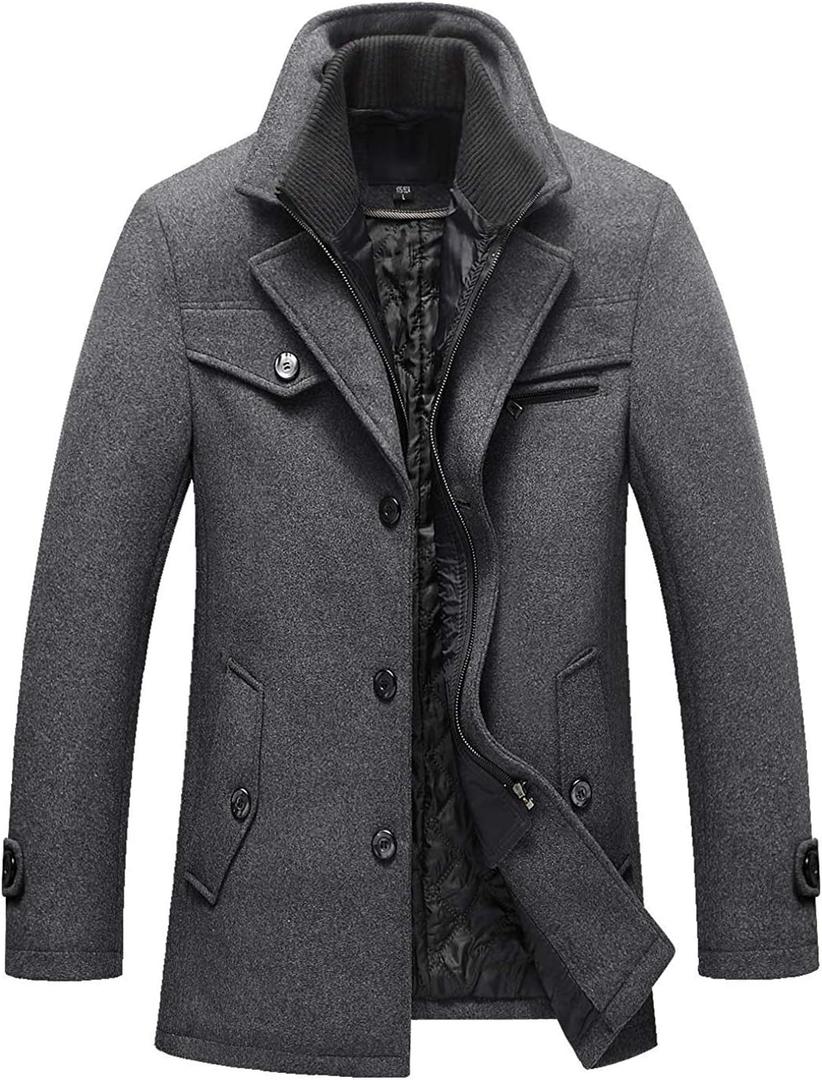 chouyatou Men's Gentle Layered Collar Single Breasted Quilted Lined Wool Blend Pea Coats (Large, Grey)