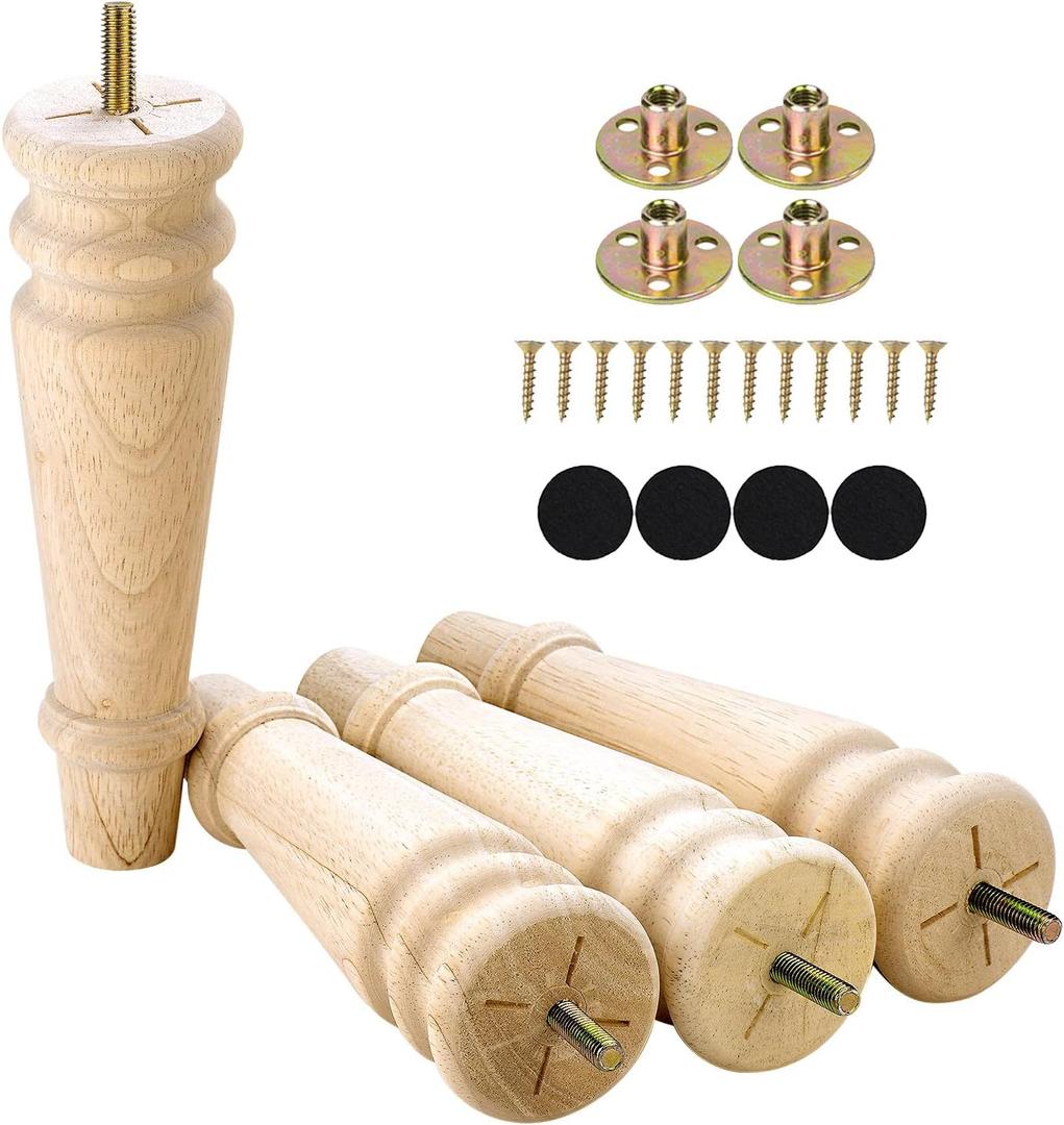 Unfinished Furniture Legs 8 inches Set of 4 Turned Wood Replacement Legs for Dresser Ottoman Chair Bench Solid Round Mid Century Screw in Pre-drilled M8 Bolt