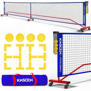 KASCEN Portable Pickleball Net for Driveway - 22FT Regulation Size Pickleball Nets with Wheels, Court Markers, Ball Holder, Carry Bag, 4 Pickleballs Indoor and Outdoor