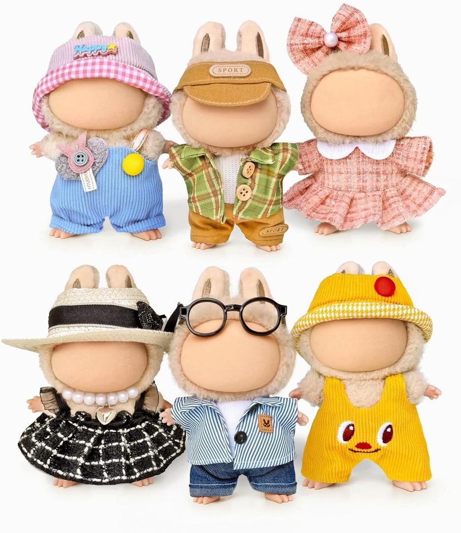 6 Clothes Sets for 17cm Collectible Dolls – Miniature Outfits with Accessories – Hat, Glasses & Necklace Details – Ages 15+ (No Doll)