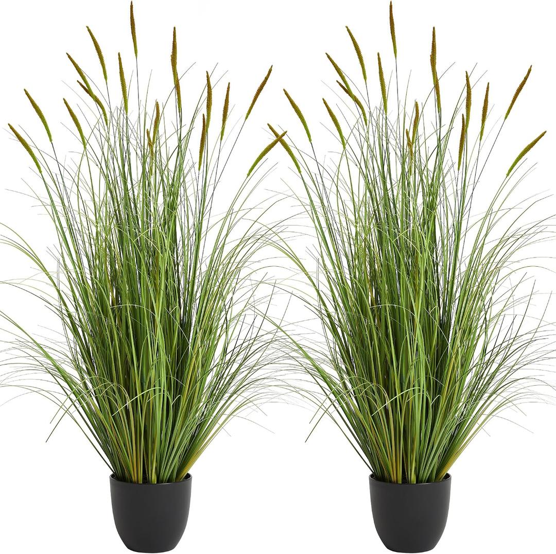 3ft 2-Pack Artificial Cattail Reed Grass, 35in Artificial Indoor Outdoor Fake Onion Grass Plant, Home Office Decorative Artificial Plants in Pot Faux Plant Greenery, Housewarming Gift, Green
