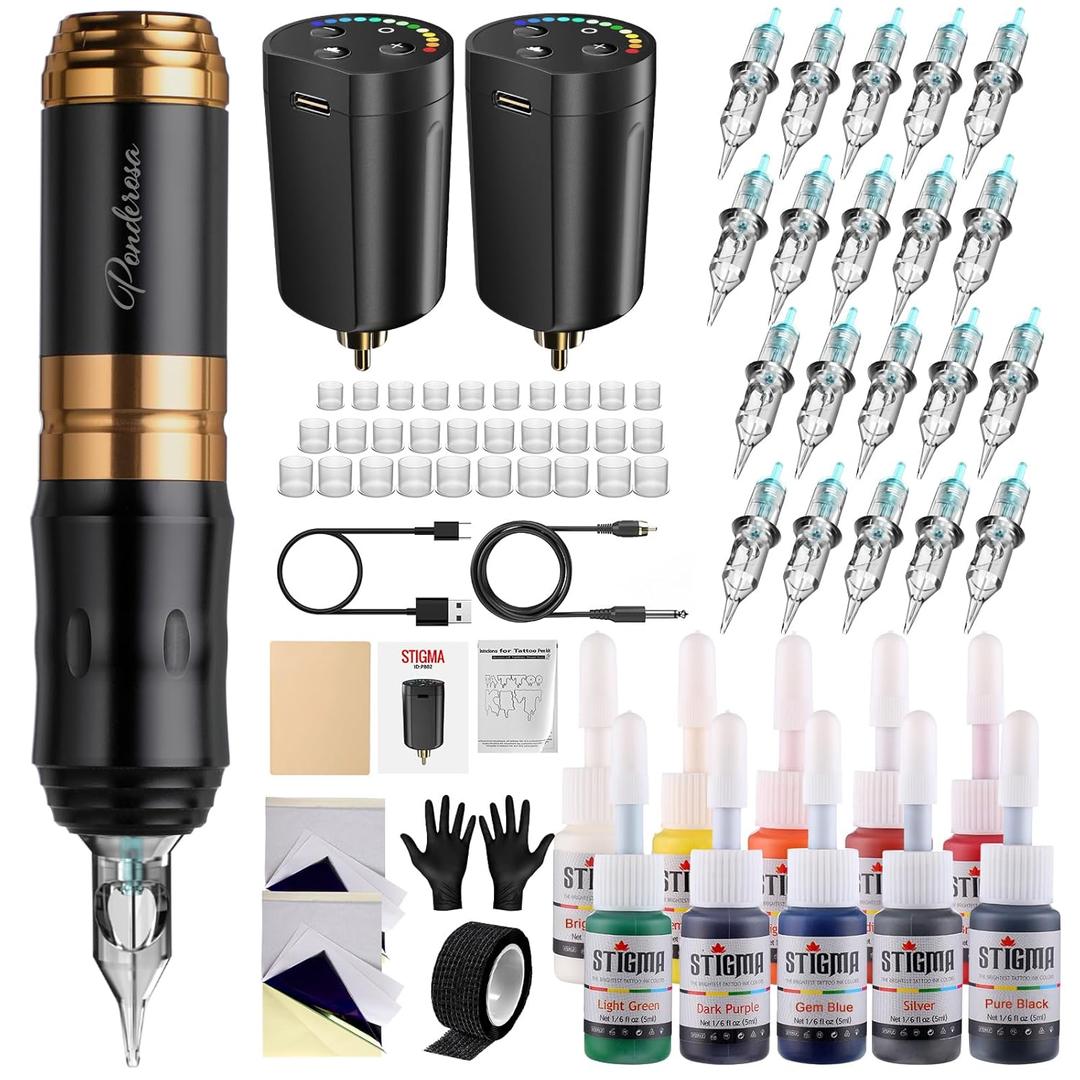 STIGMA Wireless Tattoo Gun Kit Complete with Pro Short Pen, 2 Batteries, 20 Tattoo Cartridge Needles, Color Set, Full Tattoo Accessories STP35TI4002-9