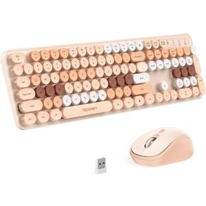 TECKNET Colorful Wireless Keyboard and Mouse Combo, Dual Bluetooth & 2.4G, Quiet Retro Typewriter Style, Full Size Bubble Keyboard with Number Pad, Aesthetic Desk Set for Laptop, PC, and Office Use (Cream Peach)