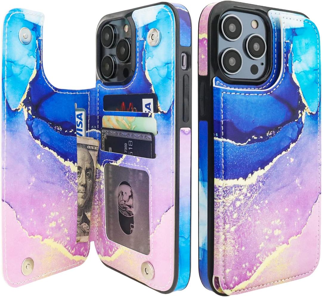 HAOPINSH for iPhone 14 Pro Max Wallet Case with Card Holder, Blue Purple Marble Pattern Back Flip Folio PU Leather Kickstand Card Slots Case for Women Girls, Double Magnetic Clasp Cover 6.7"