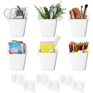 Wall Caddy Pen Holders, 6 Pack Large Pencil Cups Organizer for Marker / Remote / Crayon / White Board Accessories, with Adhesive Stickers, Office Home Craft Class Kids Room Art Organization (White)