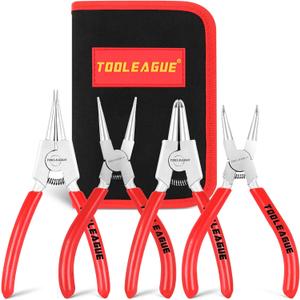 TOOLEAGUE 4 Pcs Mini Snap Ring Pliers Set, Circlip Pliers, 5 inches Internal/External Heavy Duty for Ring Remover Retaining Straight Bent Lock Ring Pliers Set (Red)