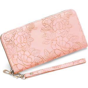 RNIEGA Wallet Women Clutch Leather Wristlet Wallet Fashion Embossed RFID Blocking Credit Card Holder with Strap (Light Pink)