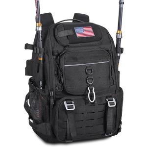 Bagenerous 39L Fishing Tackle Backpack with Rod Holders & Cooler,Water-resistant Fishing Gear Storage Bag with Protective Rain Cover,Black