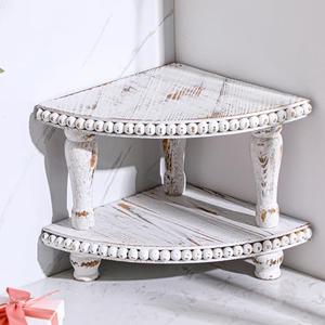 Kigley 2 Tiered Corner Riser for Kitchen Counter Wood Beaded Corner Shelf White Wash Countertop Bathroom Counter Organizer Rustic Decorative Pedestal Stand with Removable Feet for Kitchen Coffee Bar