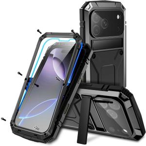 17 Pro Max Metal Case, Military Grade Heavy Duty Aluminum Rugged Cover with Built-in Screen Protector Stand Camera Control Shockproof Dustproof Full Body Protection for Men/Women (Black)