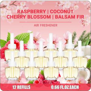 Plug In Air Freshener Refills 12 Pack – Cherry Blossom, Raspberry, Balsam Fir, Coconut, Spring & Summer Scented Refill for Home & Bathroom, Compatible with Air Wick & Glade