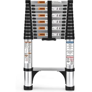 Telescoping Ladder, SocTone 12.5 FT Aluminum Lightweight Extension Ladder with 2 Triangle Stabilizers, Heavy Duty 250lbs Max Capacity, Multi-Purpose Collapsible Ladder for RV or Outdoor Work