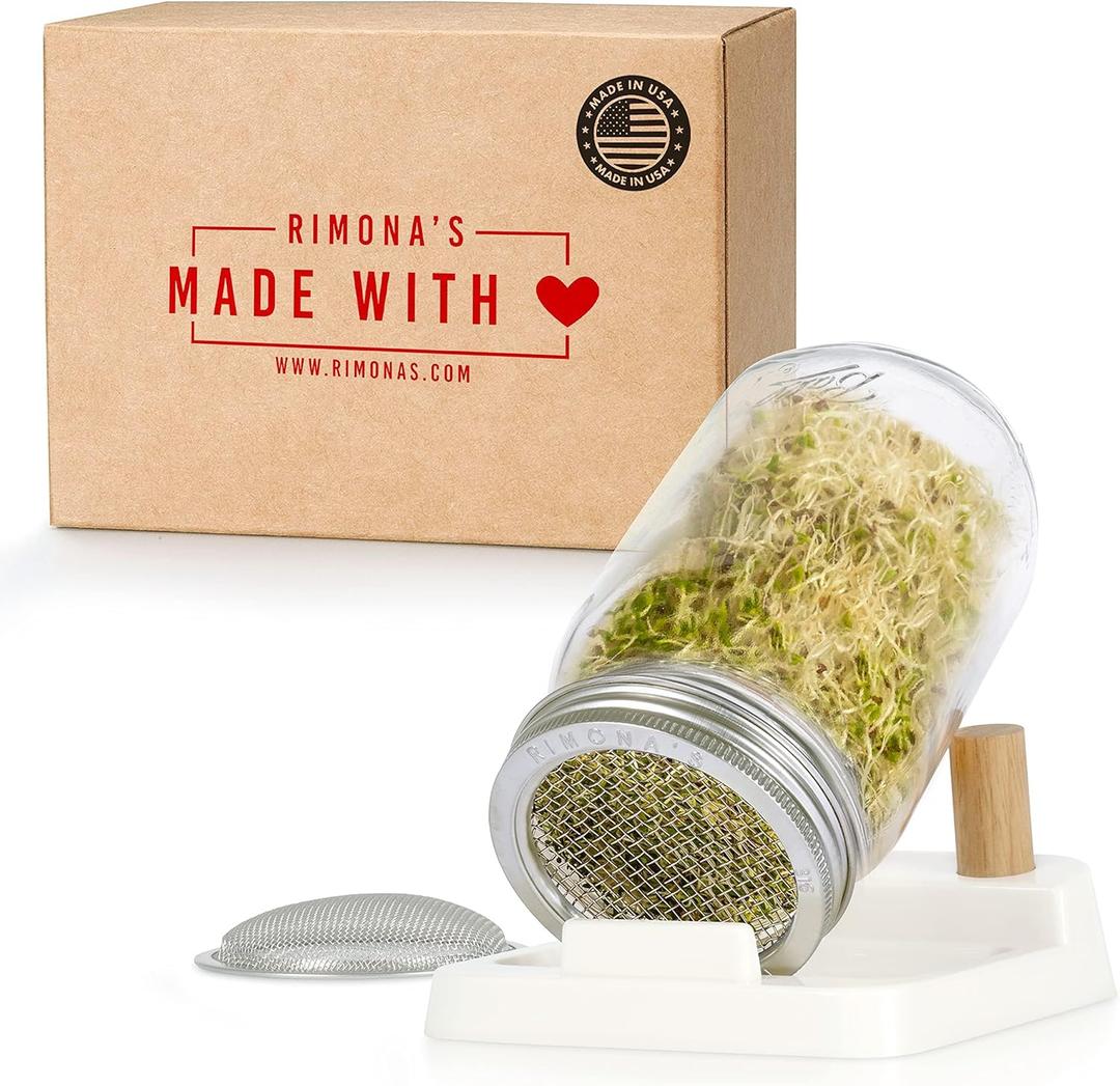 RIMONA'S Sprouting Kit - Stainless Steel Curved Enhanced Mesh Strainers (1 for Big and 1 for Small Seeds), Ball Mason Jar & Holder - Sprout Growing Kit for Variety of Seeds