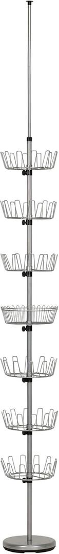 Household Essentials 2197-1 Floor to Ceiling Adjustable 6-Tier Revolving Shoe Rack with Basket - Silver