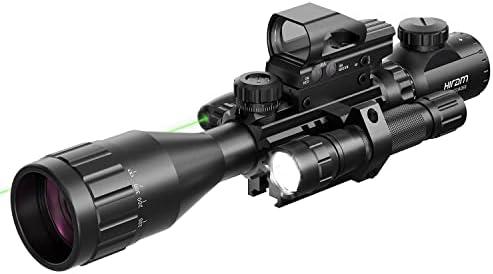 HIRAM 4-16x50 AO Rifle Scope Combo with Green Laser, Reflex Sight, and 5 Brightness Modes Flashlight