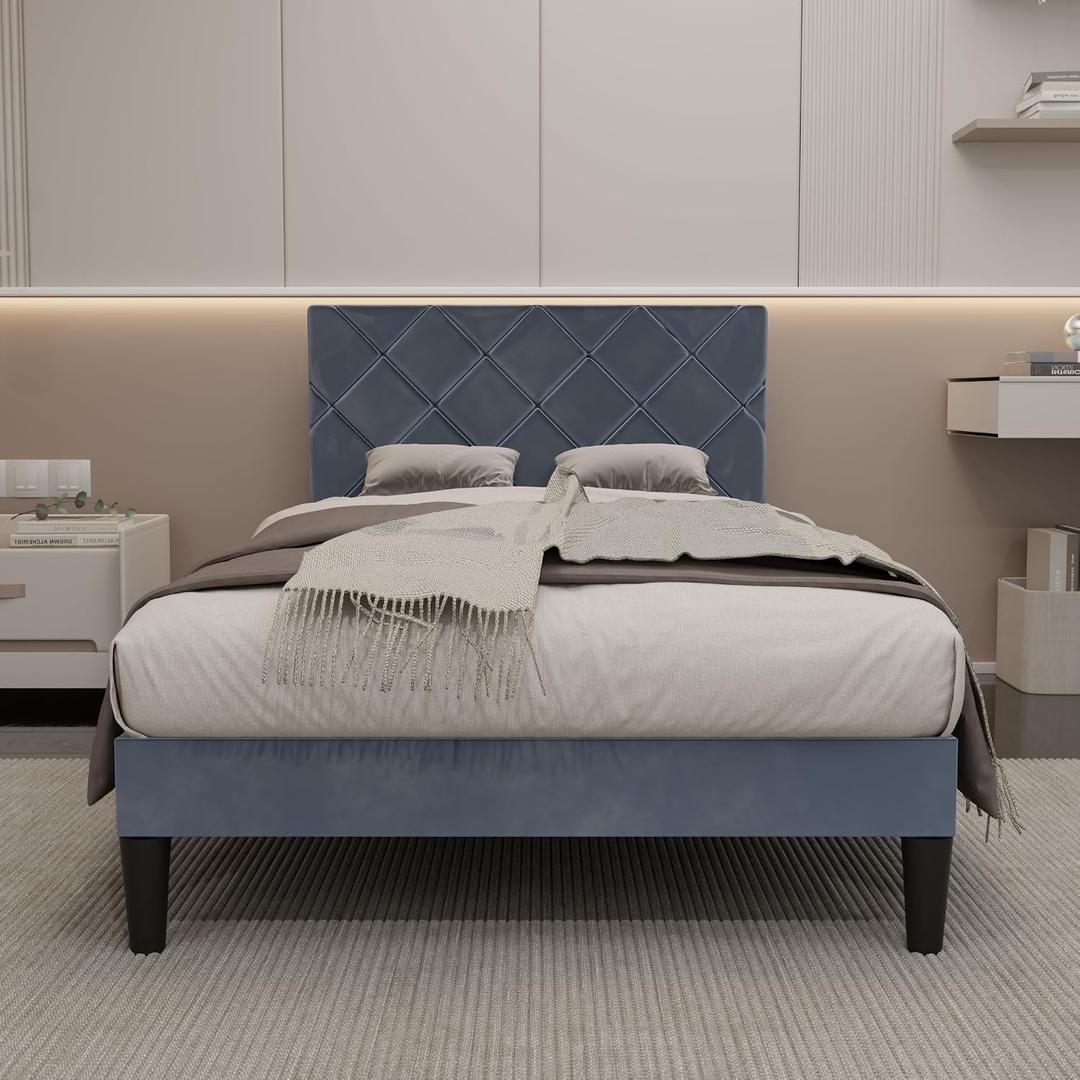 Twin Bed Frames with Adjustable Headboard, Velvet Upholstered Platform Bed, Twin Size Bed Frames with Strong Metal Slat Support,Mattress Foundation, No Box Spring Needed,Easy Assembly Gary