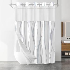 No Hook Shower Curtain with Snap in Liner Set, Grey and White Striped Design, Waterproof Washable Fabric Hotel Shower Curtains for Bathroom Decor with See Through Mesh Top Window 71x77 Inch