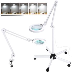 10X Magnifying Glass with Light and Stand, Super Bright 2,200 Lumens LED Magnifying Floor lamp with 5 Wheels Rolling Base, 5 Color Modes Stepless Dimming Lighted Magnifier for Esthetician Facial Salon (White)