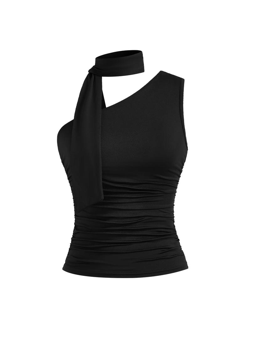 Milumia Women Y2K Going Out Club Rave Halter Scarf Top Shirt Ruched Sleeveless Off One Shouler Tank Top, Size S