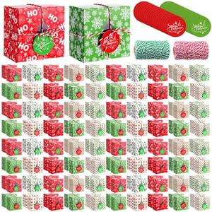 Glenmal 100 Set Christmas Bakery Cookie Boxes Cupcake Containers with Christmas Tree Window Xmas Day Cupcake Candy Goody Treat Gift Boxes with Cotton Rope Label for Xmas Party Favors Supplies