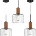 3 Pack 1 Light Industrial Modern Farmhouse Hanging Kitchen Island Pendant Ceiling Light Fixtures,Natural Wood 7.2" Clear Textured Glass Black Finish Over Sink Restaurant bar Corridor