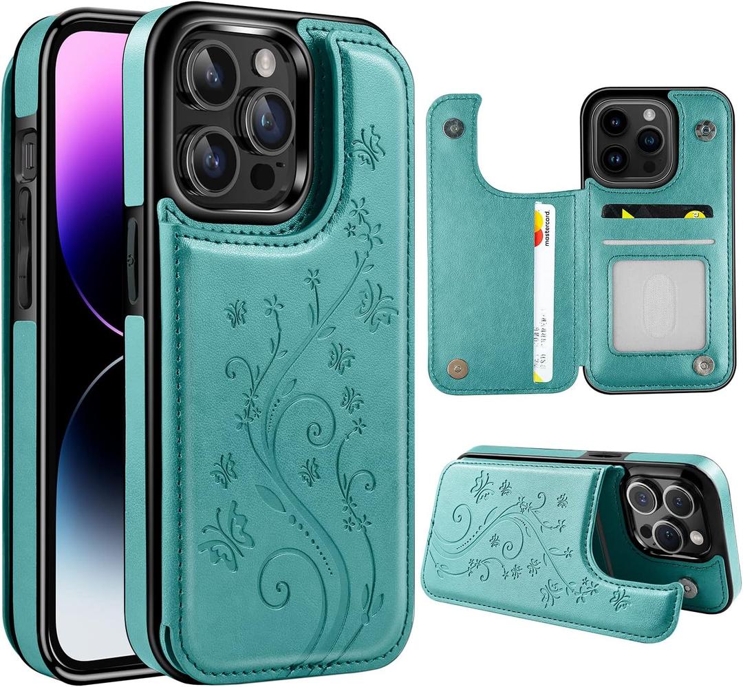 Korecase for iPhone 14 Pro Butterfly Leather Series Wallet Case with Card Holder Double Magnetic Clasp Back Flip Protective Cover for iPhone 14 Pro 6.1" Mint Green