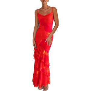 PRETTYGARDEN Maxi Dresses for Women 2025 Summer Tiered Floral Beach Sundress Spaghetti Strap Wedding Guest Long Dress (Orange Red Big Floral,Small)