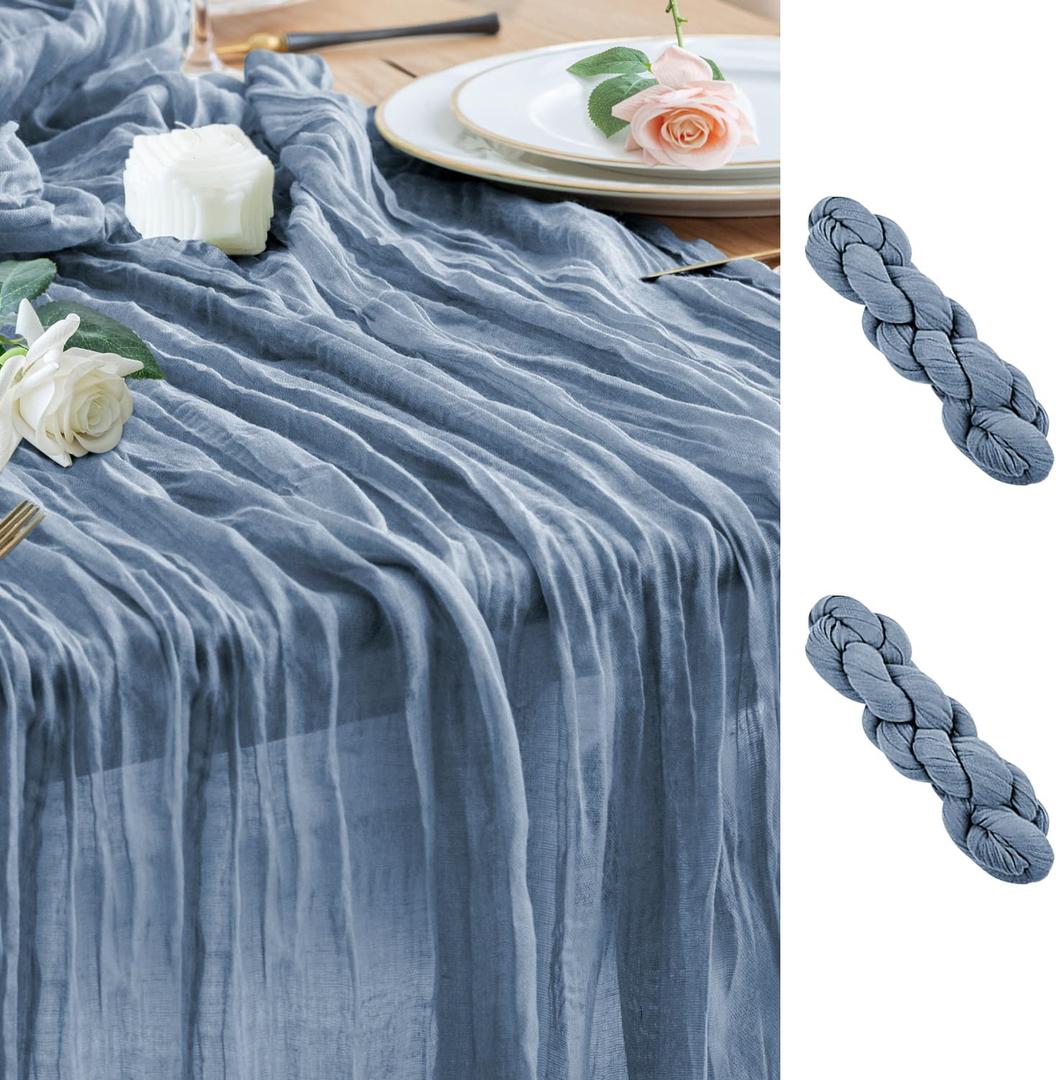 Wokceer Dusty Blue Cheesecloth Table Runner Spring 2Pack 10FT Boho Gauze Easter Cheese Cloth Table Runner for Party Long Rustic Sheer Runners for Baby Bridal Shower Wedding
