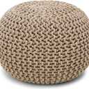 REDEARTH Round Pouf Ottoman - Hand Knitted Cable Boho Poof Home Dcor Pouffe Circular Footrest for Living Room - Nursery - Bedroom - Lounge 100% Cotton (18x18x14) - Beige Ivory
