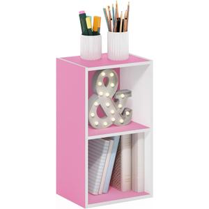 Furinno PASIR Book Shelf, 2-Tier Modern Bookshelf, Open Shelves Bookcase 9 x 12 x 21, Easy Assembly, for Living Room, Bedroom, Home Office, Pink/White, 2-Tier Cube