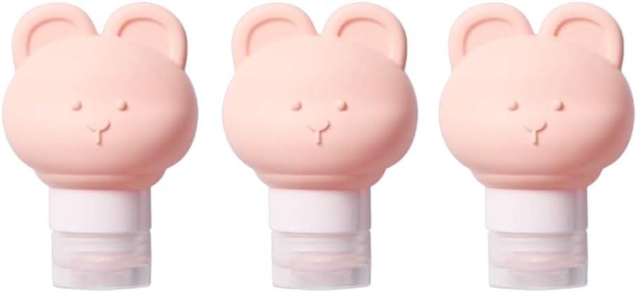 Cute Bear Travel Bottles Set for Toiletries 3 Pack 2.8oz 80ML Leak Proof Silicone Containers for Conditioner Shampoo Lotion (Pink)