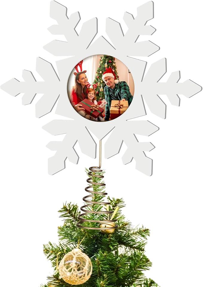 Jenaai 12" Christmas Tree Topper Snowflake Photo Frame Wooden Christmas Tree Decoration Xmas Picture Frame Treetop Hanging Home Ornament for Holiday Party Decoration Keepsake Gifts
