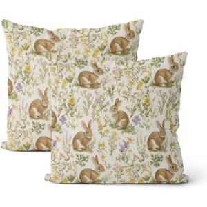 Spring Throw Pillow Covers 18x18 Inch 2 Pcs Easter Sage Green Rabbit Bunny Floral Decor Pillow Covers Flower Holiday Outdoor Decorative Pillowcase Linen Cushion Cover for Couch Sofa