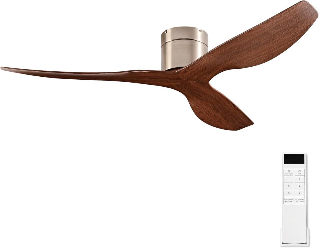 52-Inch Ceiling Fan Without Light, Modern Low-Profile Flush Mount Fan with Remote, 6-Speed Reversible Quiet DC Motor,for Balcony, Living Room, Bedroom (No Light) (Brown+Brushed Nickel)
