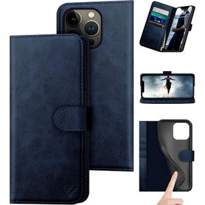 DuckSky for iPhone 14 Pro Max 6.7"Genuine Leather Wallet caseRFID Blocking4 Credit Card HolderReal LeatherFlip Folio Book Protective Cover Women Men for Apple 14 ProMax 5G Phone case Dark Blue