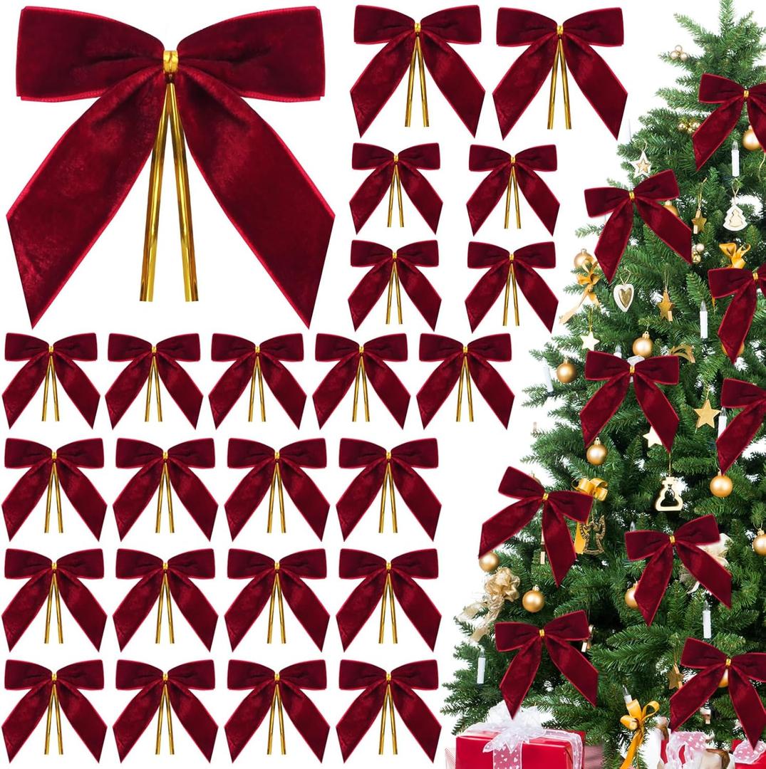 24 Pcs Burgundy Velvet Bows for Christmas Tree,Dark Red Velvet Bows Ornaments Christmas Tree Bow for Gift Wrapping Door Vintage Garland Wreath,Rustic Holiday Decor-1" Wide,3.5 x 3.5 Inch