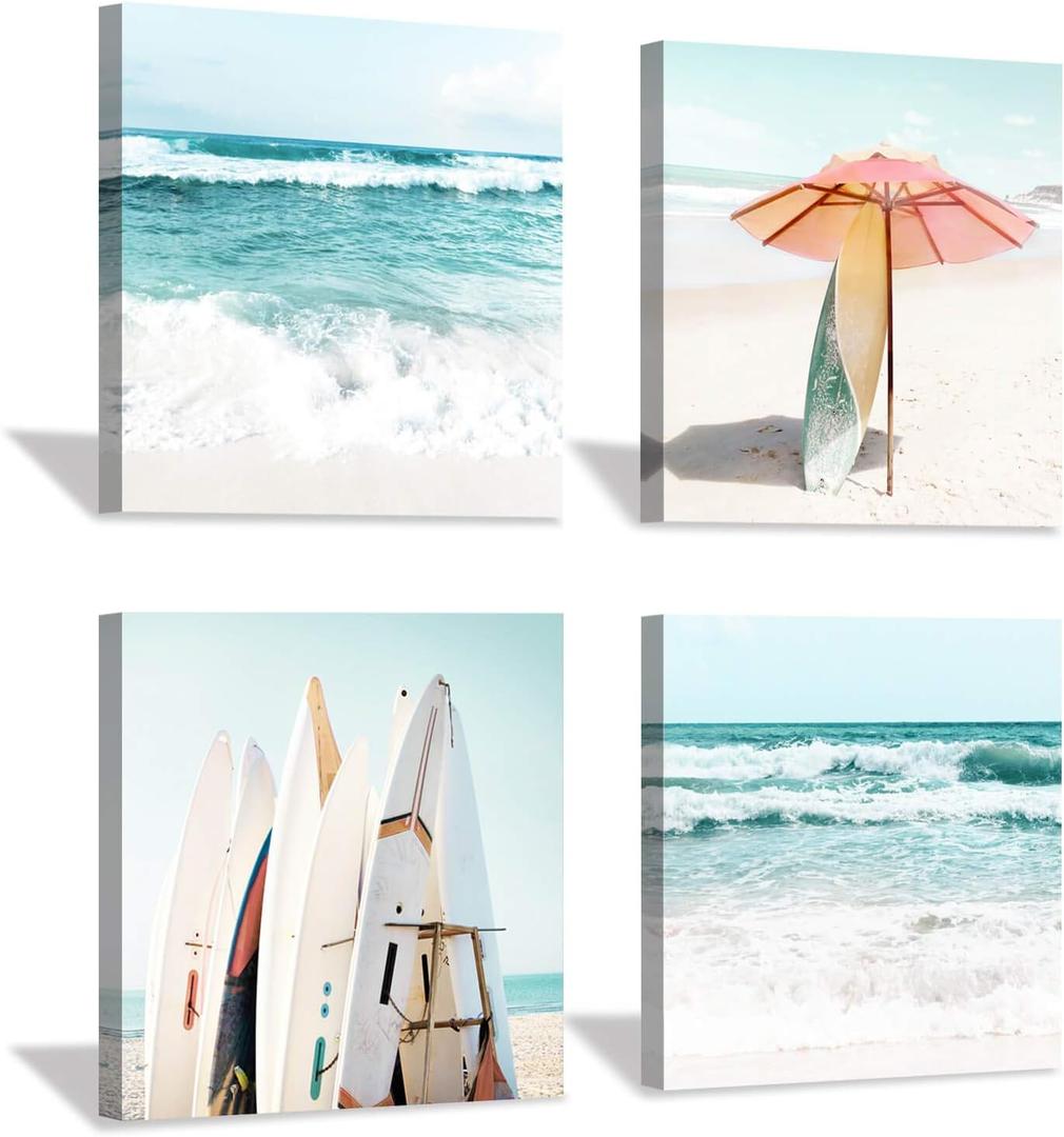 Hardy Gallery Beach Canvas Wall Art Painting: Summer Surfboard and Umbrella on Beach Picture Print for Living Room (16'' x 16'' x 4 Panels)