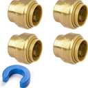 1/2" Push Fit End Cap, Push to Connect Brass Plumbing Fitting, Durable Push Cap With Upgraded Stiffener for Copper, CPVC, PEX Pipes, Disconnect Clip Included, NSF & UPC Certified, 4 Pack