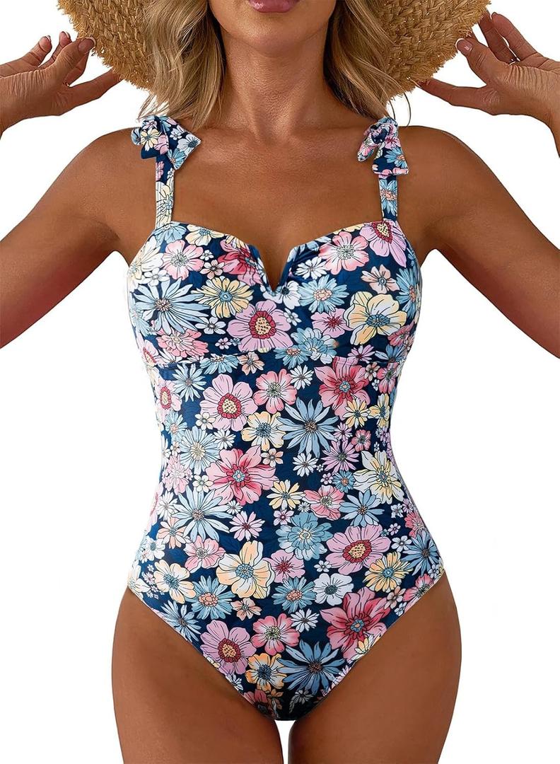 Aleumdr Women's One Piece Swimsuits Tummy Control Bathing Suits V Neck Boho Tie Shoulder Ruched Full Coverage Swimwear (Blue, M)