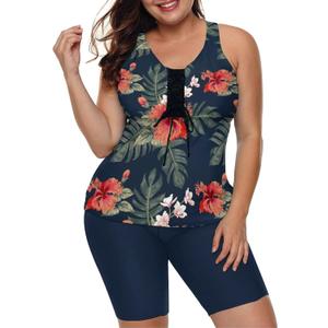 LALAGEN Womens 2025 Plus Size Tankini Swimsuits Rash Guard Capris Athletic Two Piece Swimwear Bathing Suits for Women S-5X (XX-Large, Print Blue)