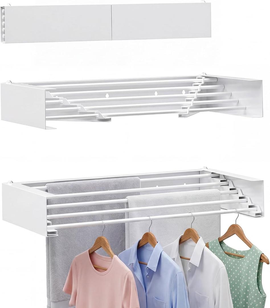 Wall Mounted Clothes Drying Rack - Heavy Duty 5-Rod Retractable Clothing Drying Rack, 60LBS Capacity Tiered Laundry Hanger, Large Foldable Dryer Racks for Indoor, 31.5" Regular
