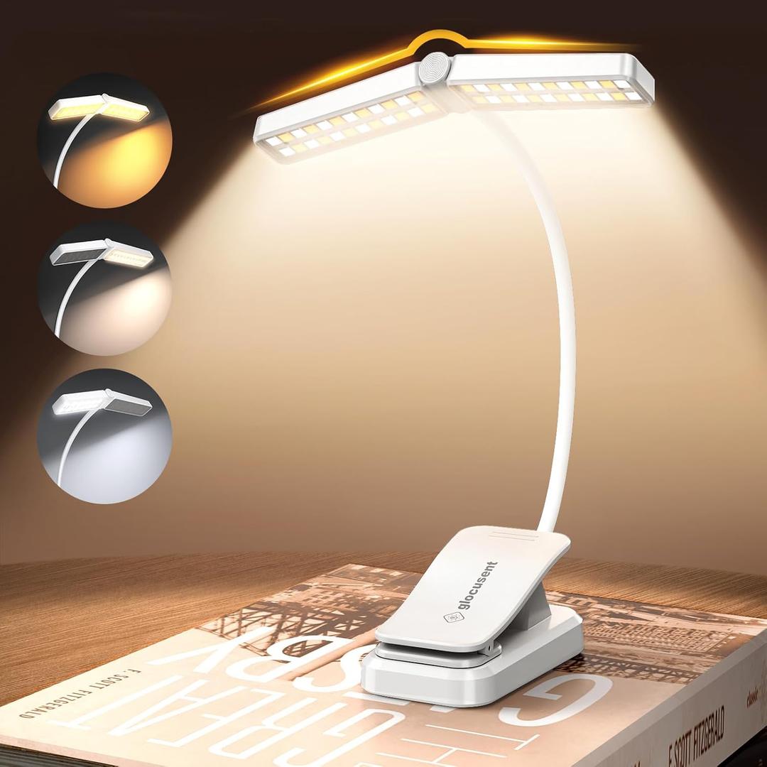 Glocusent Wingy Book Light, 48 LED Reading Light with Sleep Aid & Timer, 2-Switch, 5 Brightness & 3-Color Rechargeable Clip on Book Light for Reading in Bed at Night, Book Accessories for Book Lovers (White)