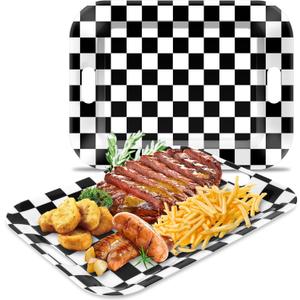 gisgfim 2Pcs Black Checkered Serving Trays with Handles 16 x 11 Inch Large Melamine Tray Rectangular Racing Serving Platter Black White Gingham Tray Melamine Dishes for Serving Food Dinner Dessert Set