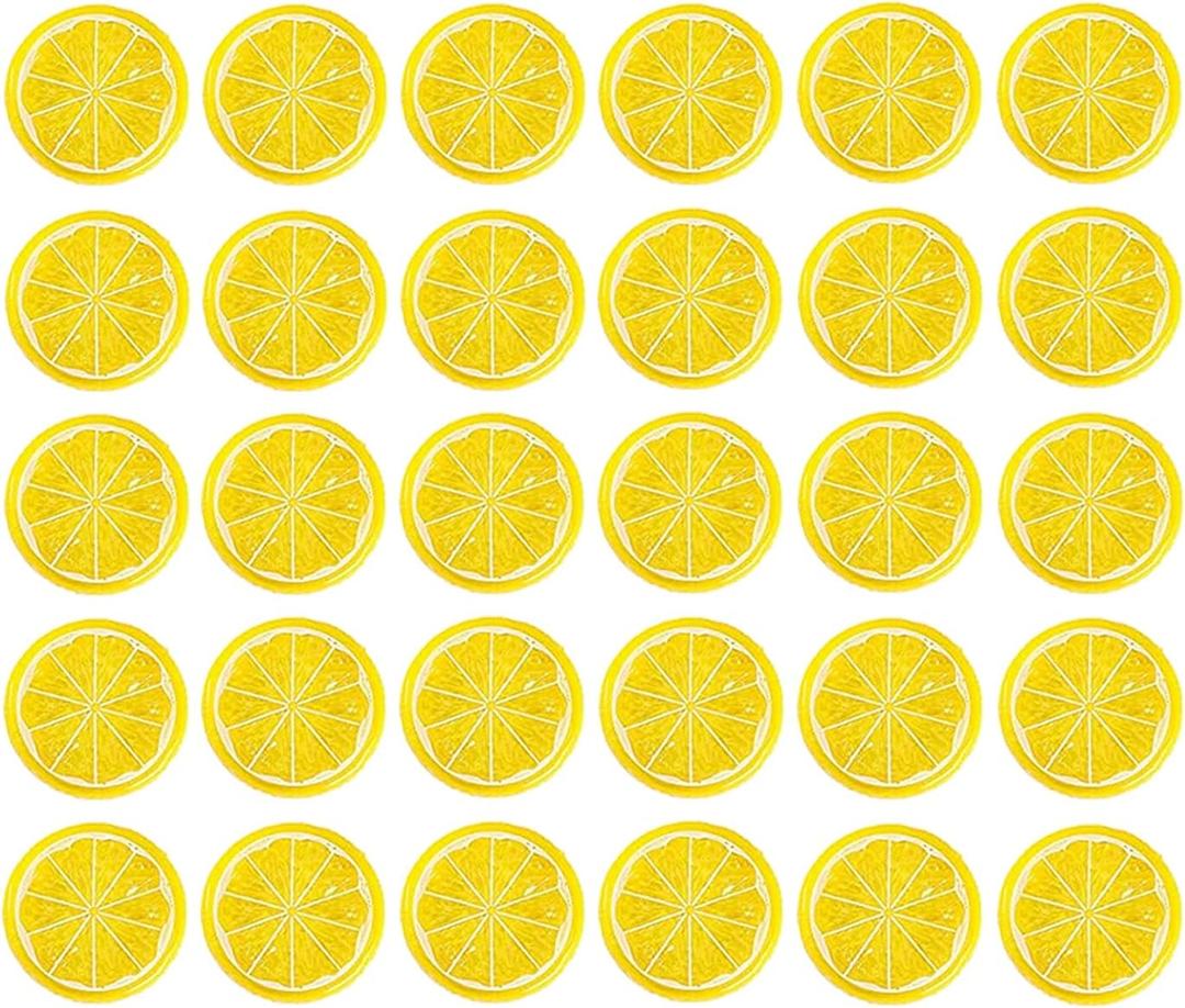 30 Pieces Plastic Simulation Lemon Slices Artificial Fruit Mini Small Model Party Kitchen Wedding Decoration Slices Decorative Fake Fruit (Yellow)