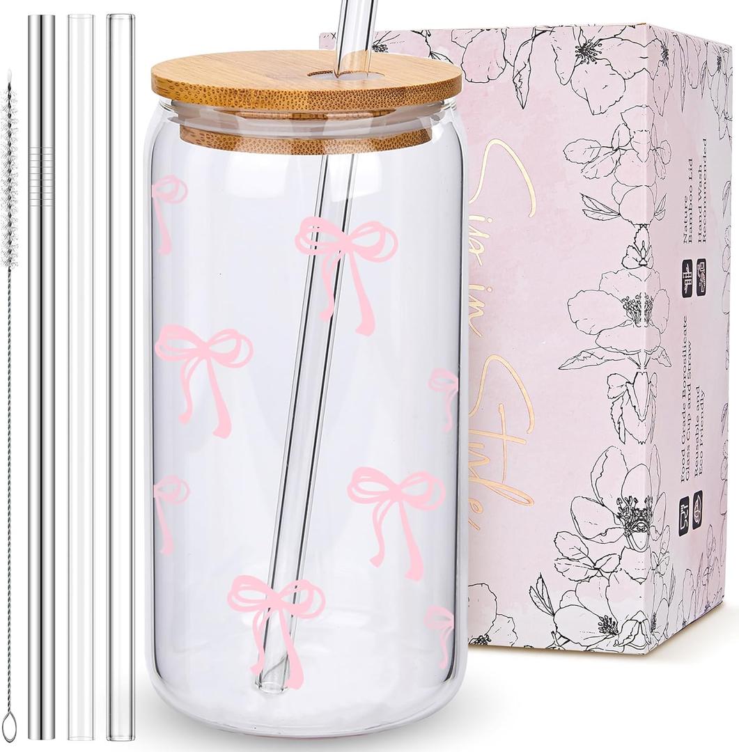 Coquette Cute Pink Bow Glass Cups with Lids and Straws, Aesthetic Iced Coffee Cup, Girly Preppy Design Tumbler Mug, Birthday Valentines Christmas Gifts for Women, Teen Girl Gifts Trendy Stuff