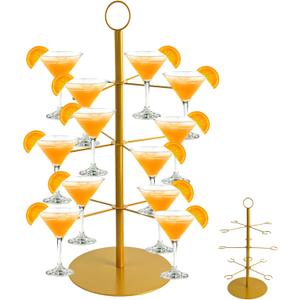 Champagne Tower for Parties, 3-Tier 12-Glasses Cocktail Tree Stand Countertop Wine Glass Holder for Drinks, Champagne Stand Drink Tower Wine Glasses Display for Champagne , Martini, Margarita Cups (Gold)