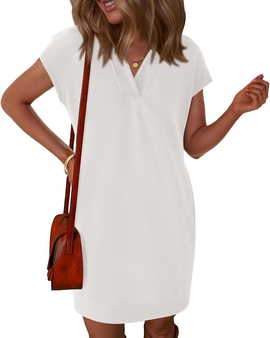 Okiwam Women's Spring Summer Dresses 2026 Casual Short Sleeve V-Neck T-Shirt Mini Vacation Sun Dresses with Pockets (White, XL)