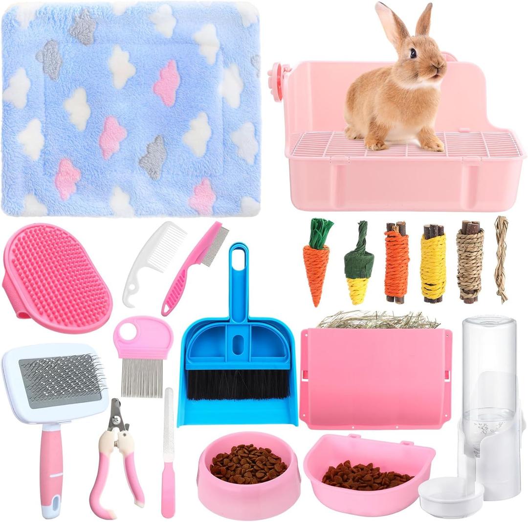 20 Pcs Rabbit Starter Kit Small Bunny Litter Box Animal Grooming Kit with Hanging Pet Bowls Water Bottle Bunny Toys Flannel Blankets with Cleaning Set for Guinea Pig Rabbit Accessories(Pink) 20 Pcs Rabbit Starter Kit Small Bunny Litter Box Animal Grooming Kit with Hanging Pet Bowls Water Bottle Bunny Toys Flannel Blankets with Cleaning Set for Guinea Pig Rabbit Accessories(Pink)