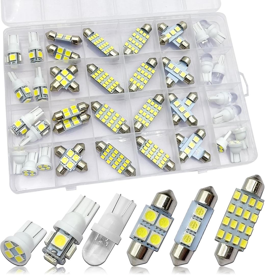 42Pcs Led Interior Car Lights Kit, Super Bright White Dome Map Tail Cab Lights Bulb Kit Set (T10 De3175 31mm 42mm 194) Dome Map Dash Door License Plate Tail Light Bulbs for Cars, Trucks, Rv